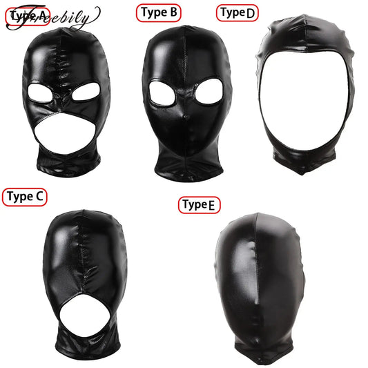 Women Mens Cosplay Face Mask Sexy PU Leather Latex Head Mask Open Eyes Mouth Nose Bondage Balaclava Headgear